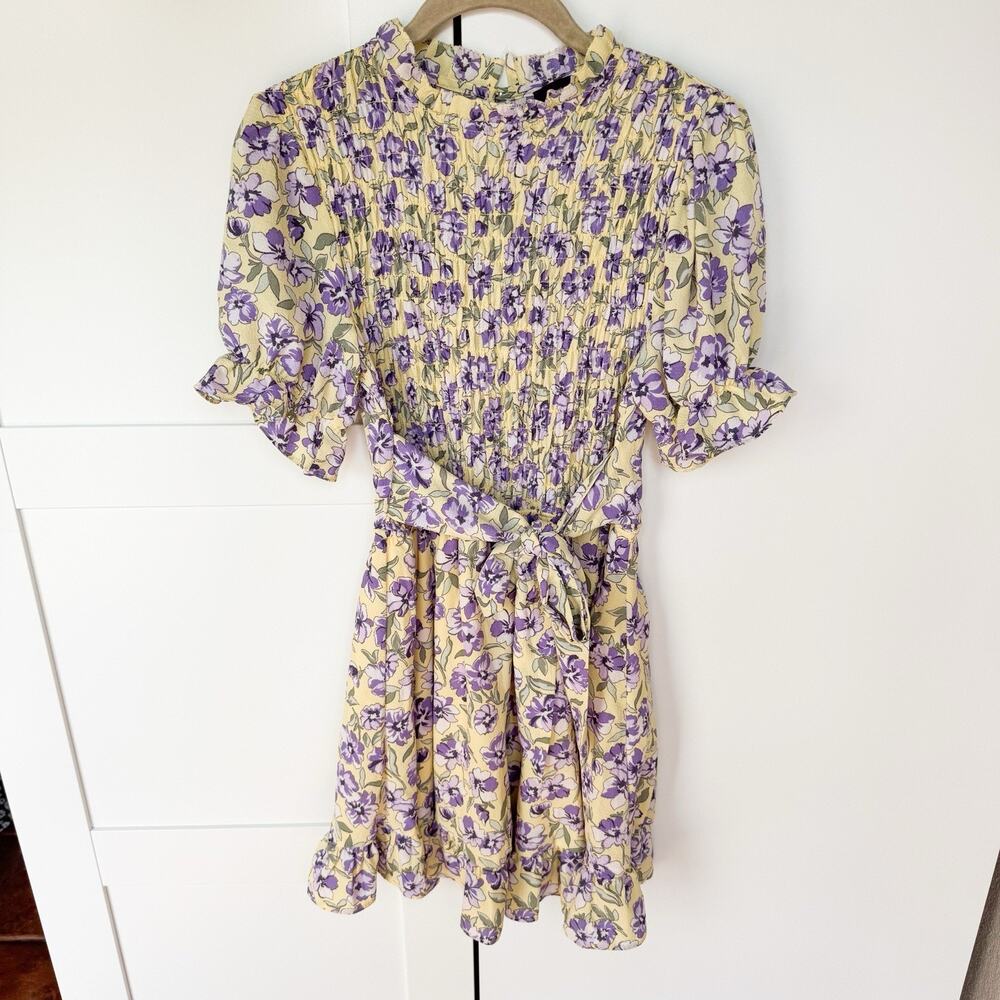 B. Darlin Floral Mini Dress. Size 2.‎ Yellow And Purple. Lined. Bow At The Waste